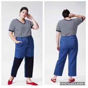 Universal Standard Ravi Colorblock Jeans 40 NWT Blue Denim Straight Wide Leg